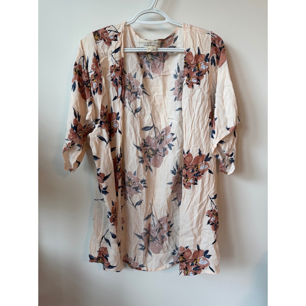 Saltwater Luxe Floral Kimono Cardigan Peach Brown Boho Open Front Wrap OS